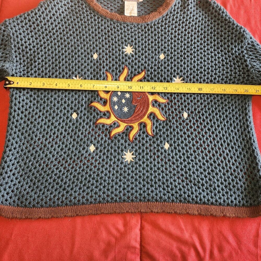 Earthbound Trading Co Celestial Open Knit Sweater Green XL Hippie Boho Cropped - Picture 6 of 9